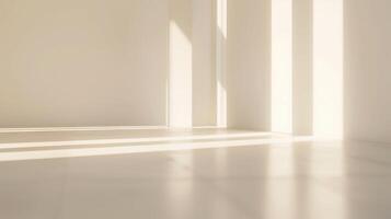 Sunlight is casting long geometric shadows in a minimalistic white room photo