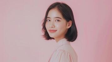 joven mujer en un rosado camisa poses felizmente en contra un suave rosado fondo, exudando alegría y contentamiento con un brillante sonrisa foto