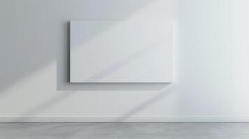 Sunlit empty room with a blank canvas on a white wall casting shadows, perfect for your next project photo
