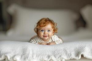 Smiling baby with red hair and blue eyes lies on a soft white blanket, radiating happiness and innocence in a cozy and comforting setting. Perfect for showcasing family love and joy photo