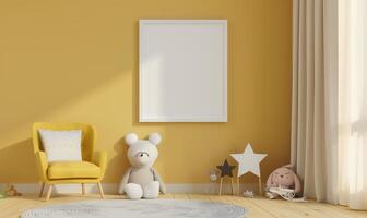 Modern and cozy kids room with empty picture frame displaying on the wall, sunlight shining through the curtain into the room photo