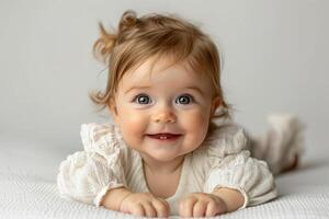 Smiling baby girl with blonde hair and blue eyes lying on her tummy happily photo
