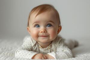 Beautiful baby girl with big blue eyes is lying on her tummy on a soft blanket, she is wearing a white bodysuit and is smiling photo