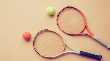Two tennis rackets and balls are lying on a pastel surface, suggesting a friendly match or a training session photo