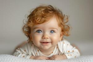 Happy baby with bright blue eyes and curly red hair is lying on their tummy on a soft blanket photo