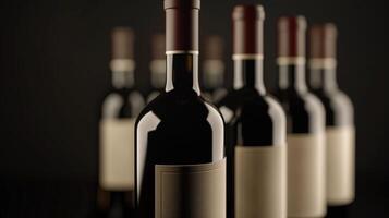 Row of wine bottles with blank labels on black background, ready for a tasting event photo