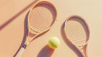 Pair of tennis rackets and a ball rest on a soft orange backdrop, creating shadows in the afternoon sunlight photo