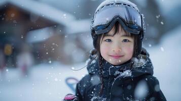 Cheerful young girl embraces a snowy day at a ski resort, all bundled up in winter gear and ready for mountain adventures photo