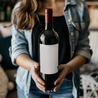 Woman holding a bottle of red wine with a blank label, perfect for showcasing your wine label design photo