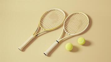 Two tennis rackets and balls lying on a yellow surface, creating a simple yet captivating composition photo