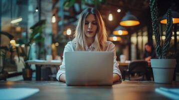 Young businesswoman works on a laptop in a cozy cafe at night, surrounded by warm lights and urban vibes, staying connected online with a determined look photo