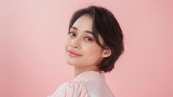 Beautiful young woman is smiling while looking over her shoulder on a pink background photo