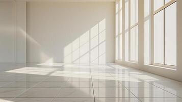 Interior with white walls, tiled floor and big windows allowing sunlight to illuminate the whole space photo