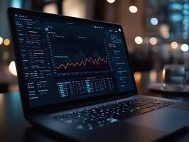 Late-night corporate office work financial charts and data analysis displayed on open laptop photo