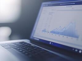 Open laptop on a desk displays a line chart showing positive growth, symbolizing progress and success in business with data for decision-making photo