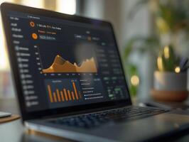 Laptop showing financial charts, data, and graphs on screen, suggesting work being conducted from a home office photo