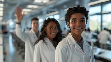 Diverse group of young scientists are working and learning together in a modern university science lab photo