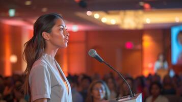 Businesswoman is standing at a podium, speaking into a microphone and delivering a speech at a conference photo