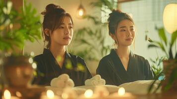 Two young women are enjoying a relaxing spa day surrounded by candles and plants photo