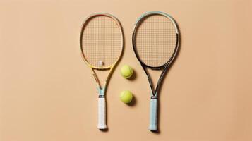 Two tennis rackets and three tennis balls rest on a beige surface, indicating a game of tennis photo