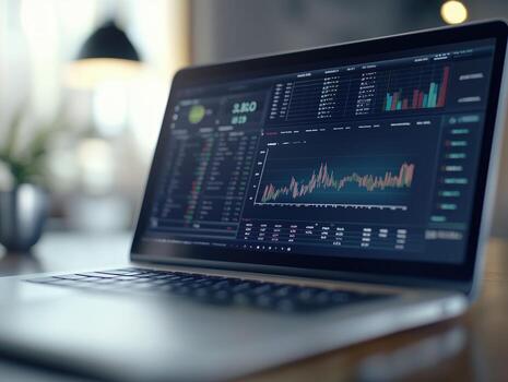 valores mercado datos con cartas y números desplegado en un ordenador portátil en un oficina ajuste foto