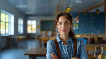 Portrait of a smiling young female teacher with crossed arms in a classroom, with children at desks in the background photo