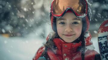 Young skier grins happily while skiing in a snowy mountain landscape, her red goggles contrasting against the tranquil scenery photo