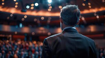 Businessman is speaking at a business conference in front of a large audience photo