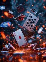 Poker cards and casino chips falling down on black surface with red sparks flying around, gambling and casino concept photo