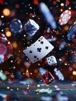 Casino table with green felt, poker chips, playing cards, and dice under sparkling bokeh lights photo