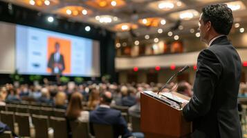 Businessman delivers a speech to a crowd of colleagues from a podium in a conference hall photo