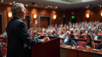Senior politician is speaking at a podium in a modern auditorium, giving a conference in front of a large audience photo