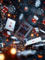 Playing cards, poker chips, and dice falling down with a fiery sparks background photo