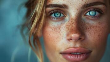 Portrait of a stunning young woman with freckles and captivating blue eyes photo