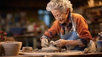Elderly woman happily shaping a clay pot on a pottery wheel in her studio photo