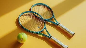Two tennis rackets and a ball rest on a sunny yellow backdrop, casting long shadows in the bright sunshine photo