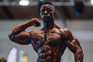 Bodybuilder is flexing his muscles on stage during a bodybuilding competition photo