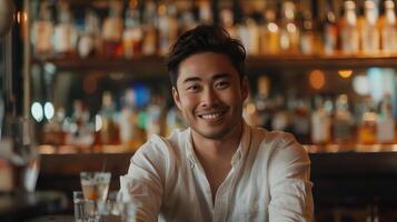 Bartender smiling at the bar with cocktail glasses in the foreground and a blurred liquor shelf in the background photo
