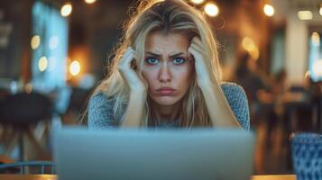 Stressed young woman holding her head while working on laptop in a cafe photo