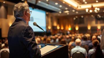 Senior executive in a suit giving a speech at a business conference, speaking into a microphone at a lectern photo