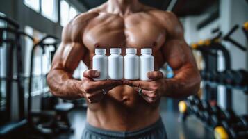 Bodybuilder holding white supplement bottles in a gym, showcasing dedication to fitness and health photo