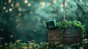 In a magical forest, a leprechaun hat hangs on a wooden sign adorned with shamrocks, evoking a mystical and enchanting ambiance photo