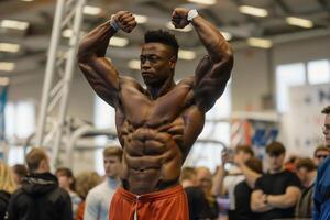 Bodybuilder is flexing his muscles during a fitness competition, surrounded by spectators and athletes photo