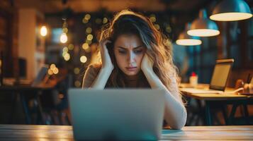 Young female business owner experiences stress while working late at a coworking space photo