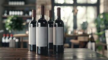 Unlabeled wine bottles on a bar, perfect for custom branding or messaging in a restaurant environment photo