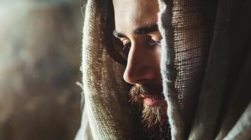 Serene and peaceful religious man with a beard and hood exudes hope and faith while gazing thoughtfully in contemplation photo