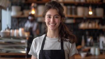 Smiling young barista woman wearing a black apron behind the coffee shop counter photo