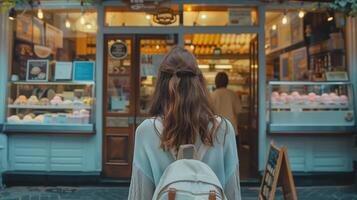 Woman with a backpack contemplates her order while gazing at a pastry shop window display photo