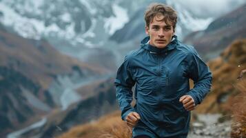 Determined young trail runner sprints up a mountain path in the pouring rain photo