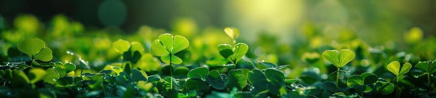 Lush and vibrant scene of green clover leaves growing in the spring sunlight photo